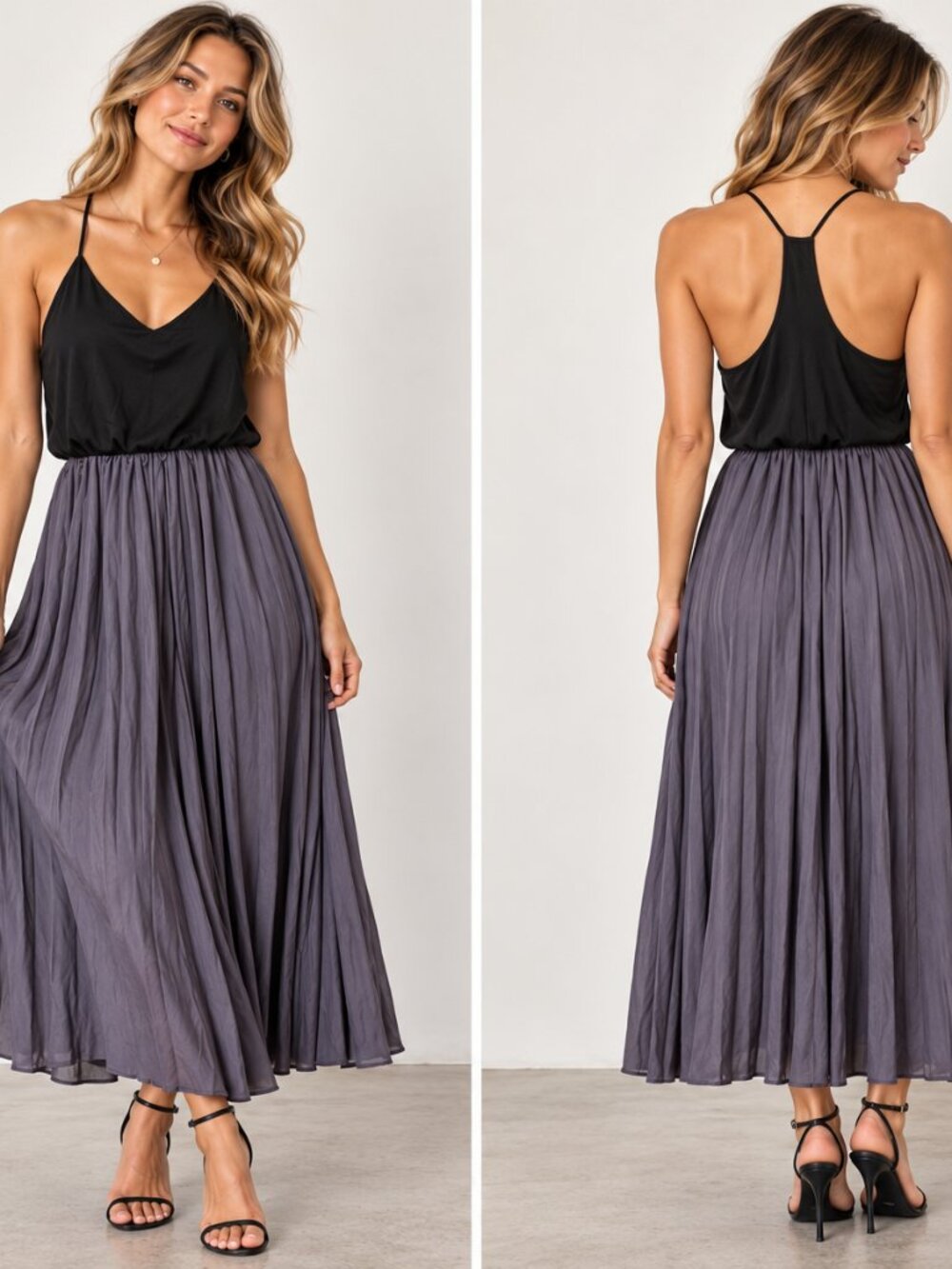 LOFT Pleated Duet Dress Large Black Purple Gray Accordion Pleat Midi Maxi